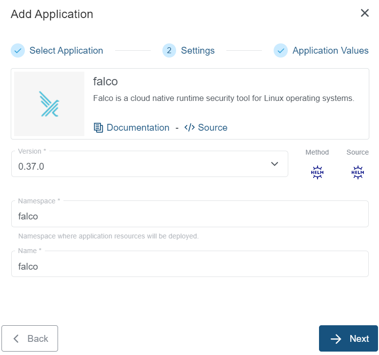 Settings for Falco Application